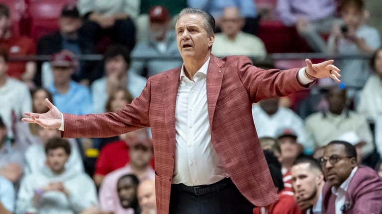 Arkansas head coach John Calipari reacts to play during the...