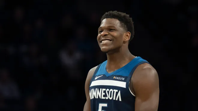 Feb 11, 2026; Minneapolis, Minnesota, USA; Minnesota Timberwolves guard Anthony Edwards (5) celebrates Minnesota Timberwolves forward Julius Randle (not pictured) making a shot against the Portland Trail Blazers in the second half at Target Center. Mandatory Credit: Jesse Johnson-Imagn Images