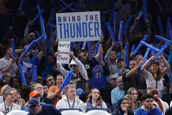 Feb 20, 2026; Oklahoma City, Oklahoma, USA; Oklahoma City Thunder fans cheer for their team against the Brooklyn Nets during the second half at Paycom Center. Mandatory Credit: Alonzo Adams-Imagn Images