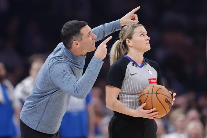 Feb 20, 2026; Oklahoma City, Oklahoma, USA; Oklahoma City Thunder Head Coach Mark Daigneault gestures towards the video board after a play against the Brooklyn Nets during the first half at Paycom Center. Mandatory Credit: Alonzo Adams-Imagn Images