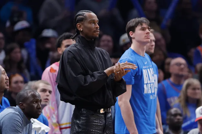 Feb 20, 2026; Oklahoma City, Oklahoma, USA; Oklahoma City Thunder guard Shai Gilgeous-Alexander watches his team play against the Brooklyn Nets during the second half at Paycom Center. Mandatory Credit: Alonzo Adams-Imagn Images