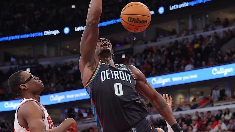 Detroit Pistons center Jalen Duren (0) slam dunks during the...