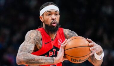 Toronto Raptors forward Brandon Ingram (3) handles the ball.