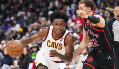 Collin Sexton #2 of the Cleveland Cavaliers dribbles against the Malachi Flynn #22 of the Toronto Raptors during the first half of their basketball game at the Scotiabank Arena on November 5, 2021 in Toronto, Ontario, Canada.