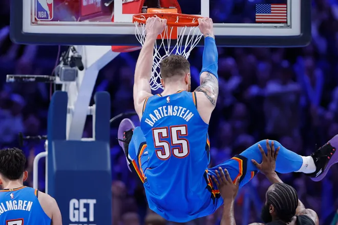 Feb 22, 2026; Oklahoma City, Oklahoma, USA; Oklahoma City Thunder center/forward Isaiah Hartenstein (55) dunks against the Cleveland Cavaliers during the second half at Paycom Center. Mandatory Credit: Alonzo Adams-Imagn Images
