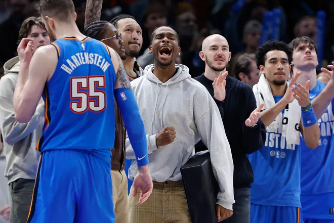 Feb 22, 2026; Oklahoma City, Oklahoma, USA; Oklahoma City Thunder guard Shai Gilgeous-Alexander (2) screams as he watches his team play against the Cleveland Cavaliers during the second half at Paycom Center. Mandatory Credit: Alonzo Adams-Imagn Images