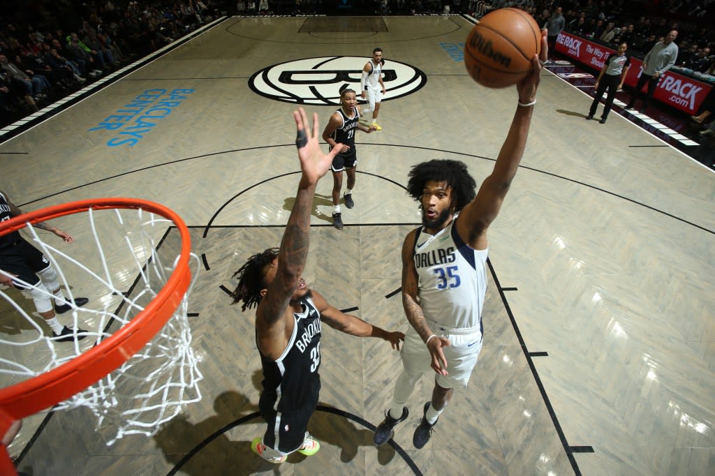 Marvin Bagley, who scored a team-high 22 points off the bench, goes up for a layup during the Nets’ 123-114 loss to the Mavericks on Feb. 24, 2026 at Barclays Center. NBAE via Getty Images