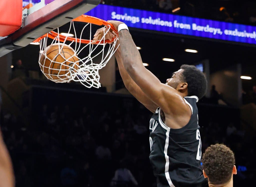 Day’Ron Sharpe, who scored seven points off the bench, slams home a dunk during the Nets’ loss to the Maverick on Feb. 24, 2026 at Barclays Center. Robert Sabo for New York Post