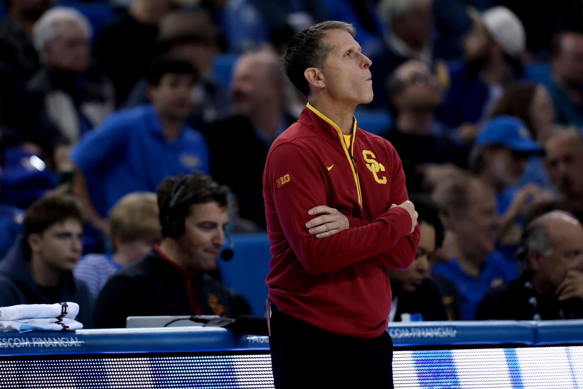 USC coach Eric Musselman reacts to the Trojans' loss to UCLA at Pauley Pavilion on Tuesday.