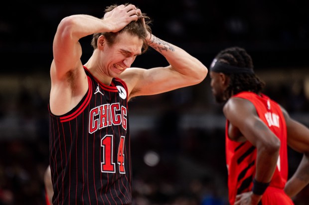 Chicago Bulls forward Matas Buzelis (14) reacts in the second half of a game against the Portland Trail Blazers at the United Center in Chicago on Feb. 26, 2026. (Josh Boland/Chicago Tribune)