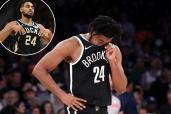An image collage containing 2 images, Image 1 shows Brooklyn Nets player Cam Thomas #24 wipes his face with his jersey, Image 2 shows Milwaukee Bucks guard Cam Thomas (24) looks on in the fourth quarter