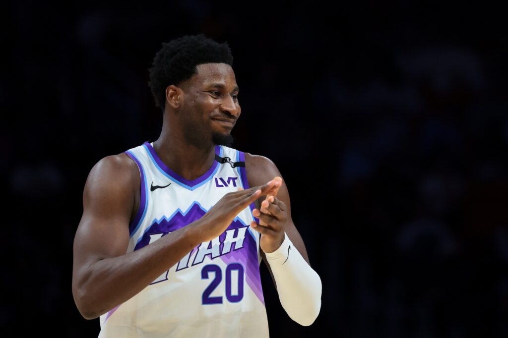 Utah Jazz forward Jaren Jackson Jr. (20) reacts against the Miami Heat during the first quarter at Kaseya Center.