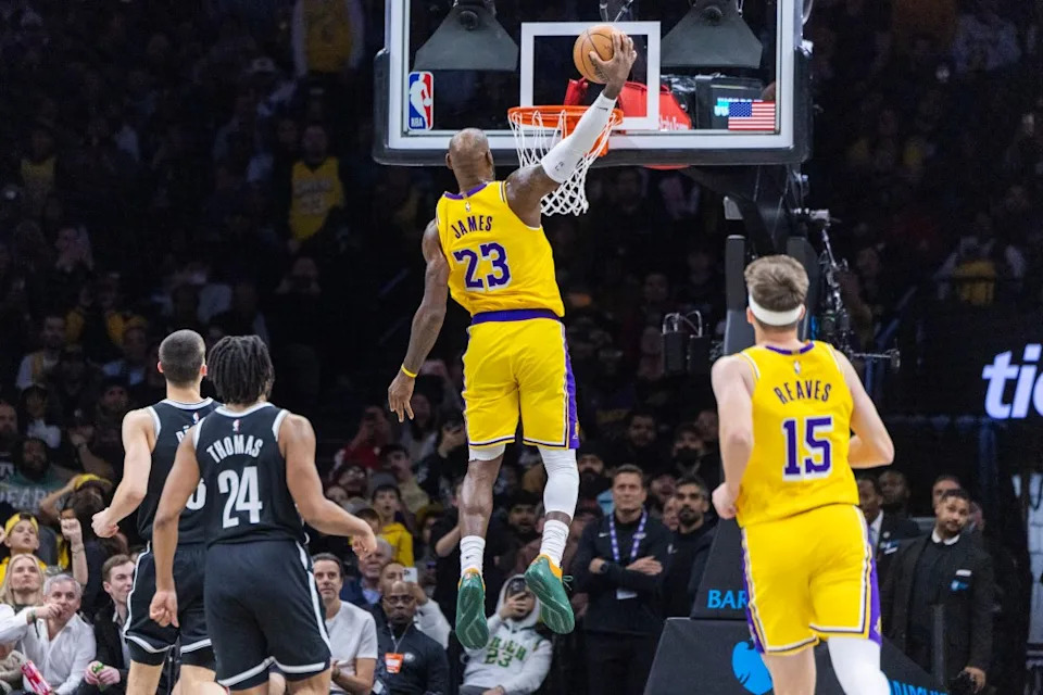LeBron James slams home a dunk during the first half of the Nets’ 125-109 blowout loss to the Lakers at Barclays Center on Feb. 3, 2026. Corey Sipkin for the NY POST