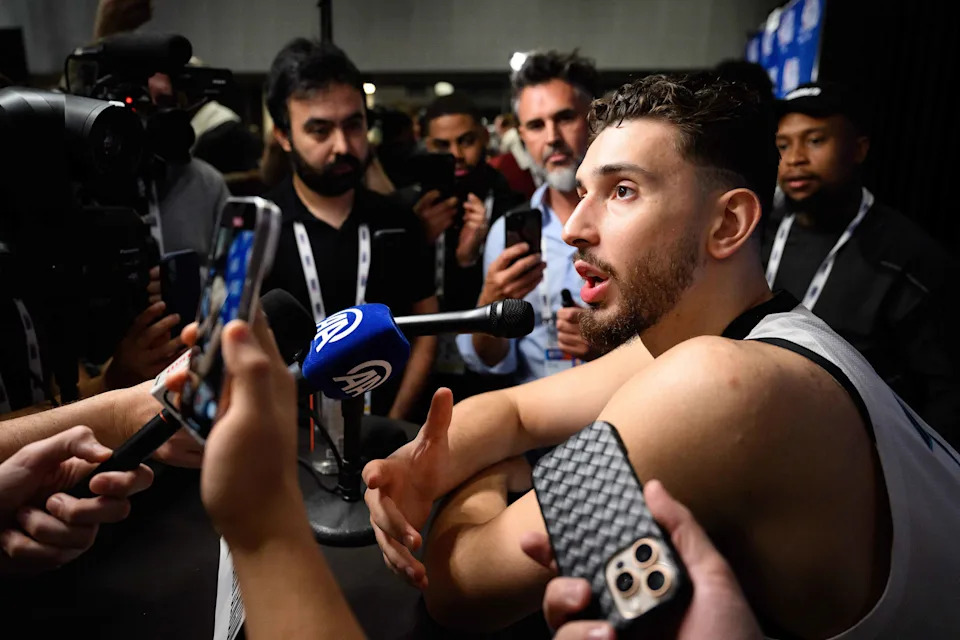 Feb 14, 2026; Inglewood, California, USA; Alperen Sengun speaks during interviews at media day at Intuit Dome. Mandatory Credit: William Liang-Imagn Images