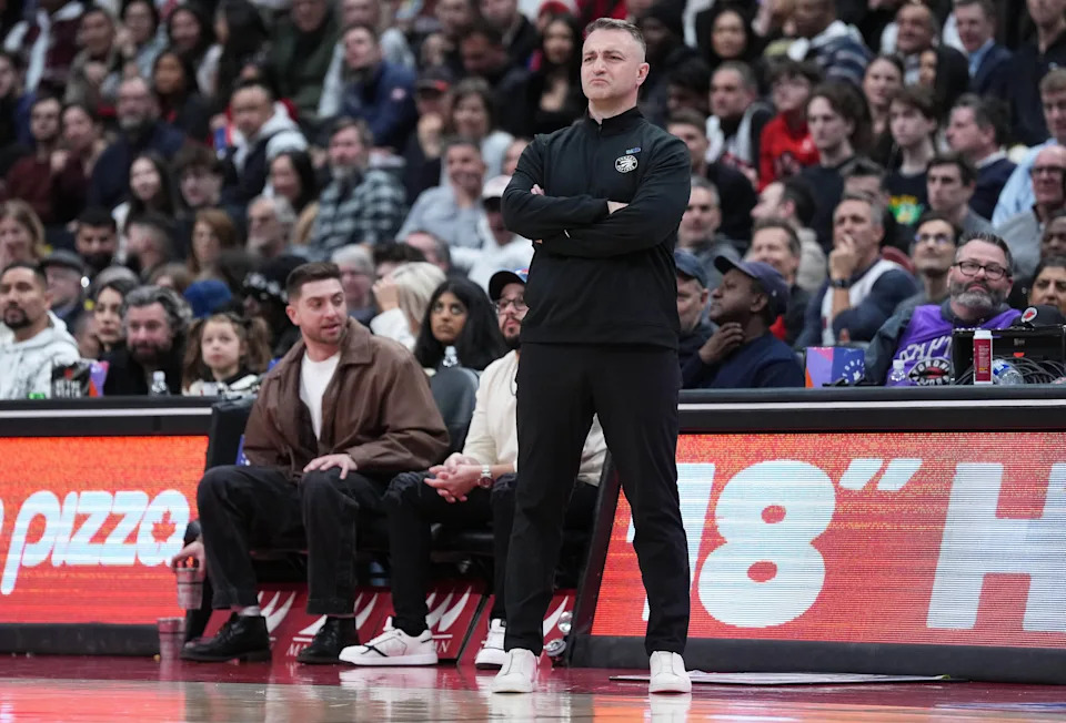 Feb 24, 2026; Toronto, Ontario, CAN; Toronto Raptors head coach Darko Rajakovic watches play against the Oklahoma City Thunder during the fourth quarter at Scotiabank Arena. Mandatory Credit: Nick Turchiaro-Imagn Images