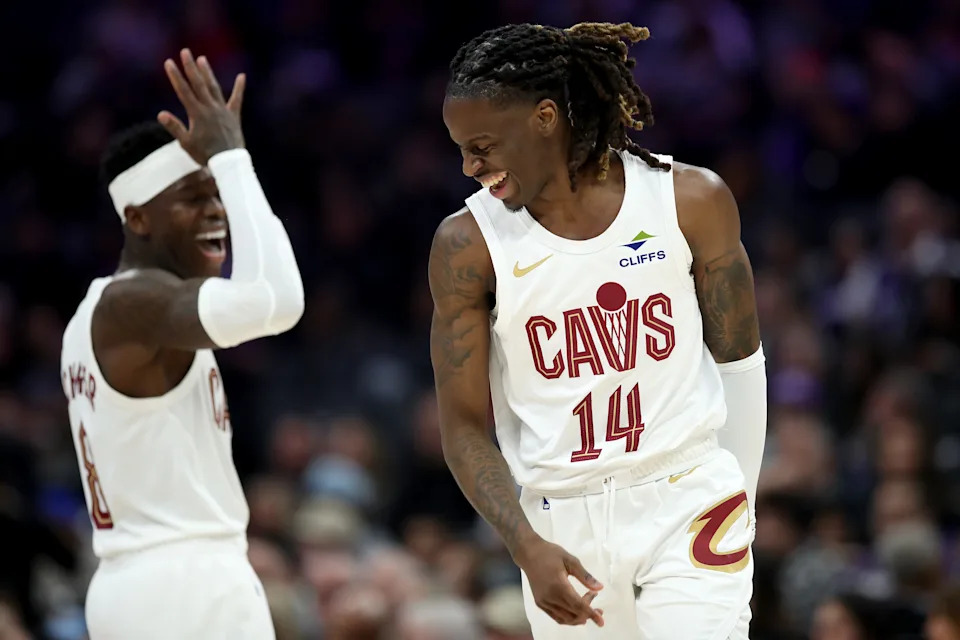 Cleveland Cavaliers guards Dennis Schroder and Keon Ellis (14) react after scoring a basket against the Sacramento Kings on Feb. 7, 2026, in Sacramento, California.