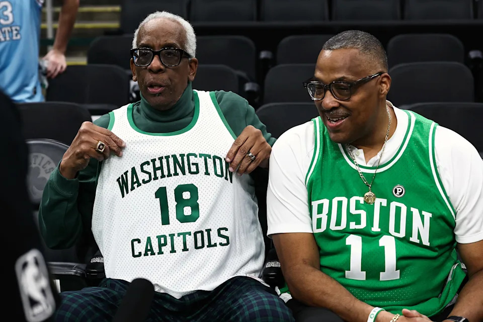 BOSTON, MA - FEBRUARY 1: Earl Lloyd, left, the fiirst black player to play in an NBA game after being drafted by the Washington Capitals in 1950, sits with Chuck Cooper, the first black player to be drafted into the NBA by the Boston Celtics with their first pick in 1950, as they attend the inaugural NBA Pioneers Classic between the Boston Celtics and the Milwaukee Bucks honoring the 75th anniversary of the NBA's first black players at TD Garden on February 1, 2026 in Boston, Massachusetts. NOTE TO USER: User expressly acknowledges and agrees that, by downloading and/or using this Photograph, user is consenting to the terms and conditions of the Getty Images License Agreement. (Photo By Winslow Townson/Getty Images)