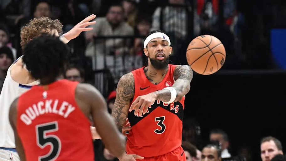 Toronto Raptors forward Brandon Ingram passes the ball to guard Immanuel Quickley