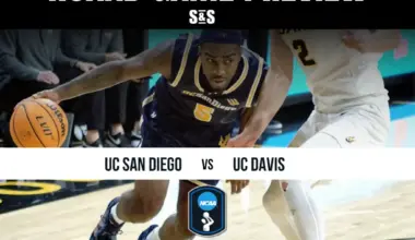 NCAAB game preview featuring UC San Diego vs. UC Davis, with a basketball player dribbling and team logos displayed. Stay updated on scores and stats!