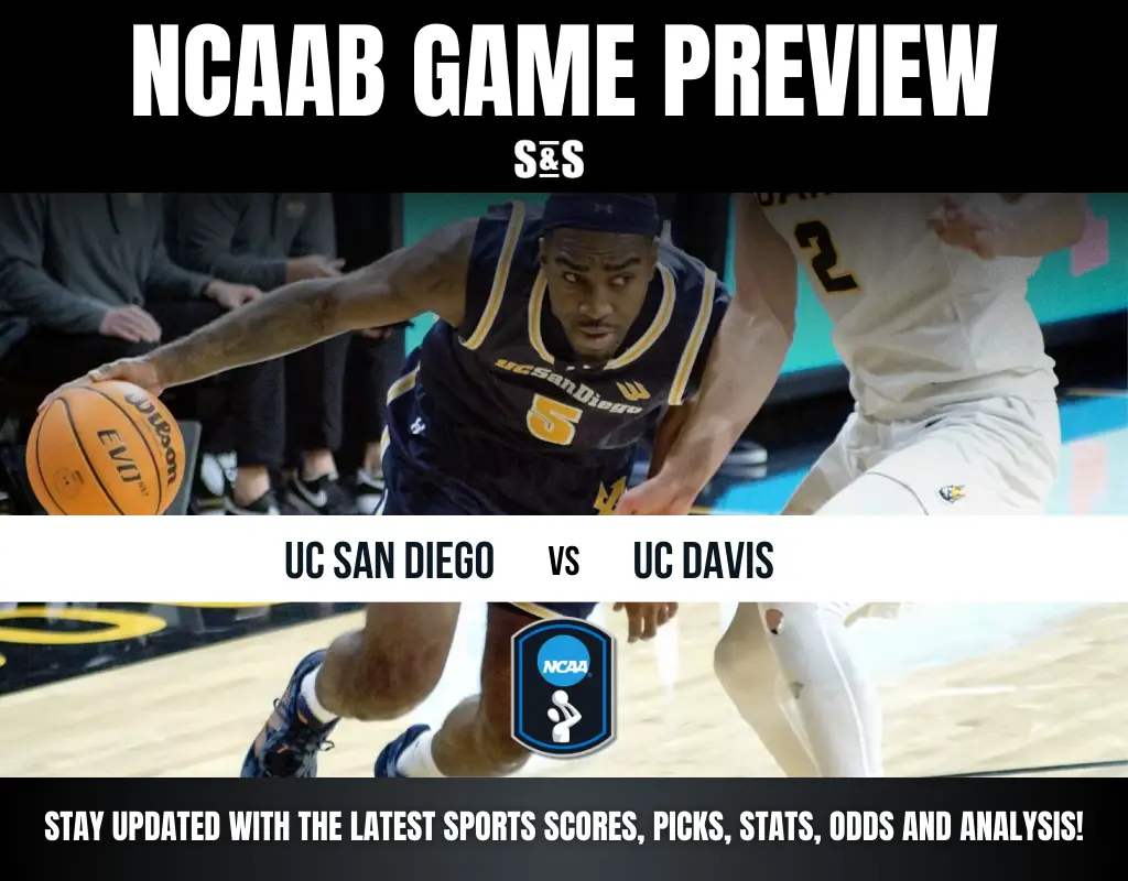 NCAAB game preview featuring UC San Diego vs. UC Davis, with a basketball player dribbling and team logos displayed. Stay updated on scores and stats!