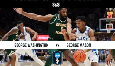 NCAA basketball game preview featuring George Washington vs. George Mason, highlighting action on the court.