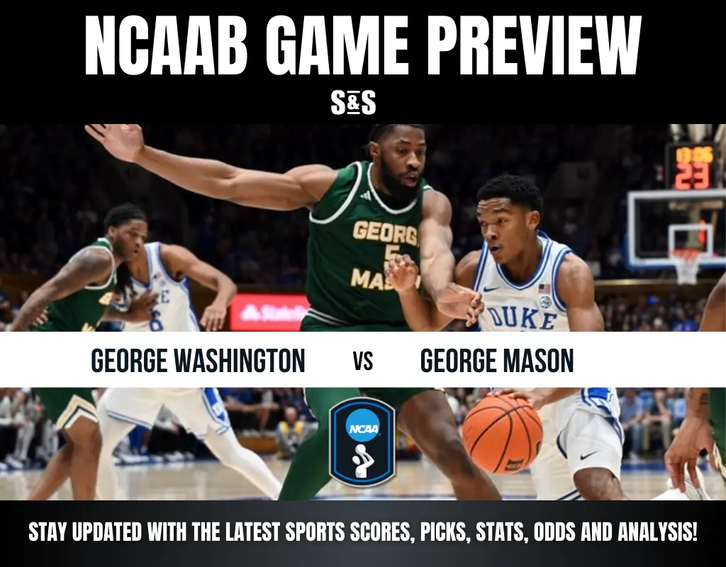 NCAA basketball game preview featuring George Washington vs. George Mason, highlighting action on the court.