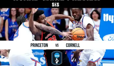 NCAAB game preview between Princeton and Cornell, featuring players in action on the court and a basketball in play.