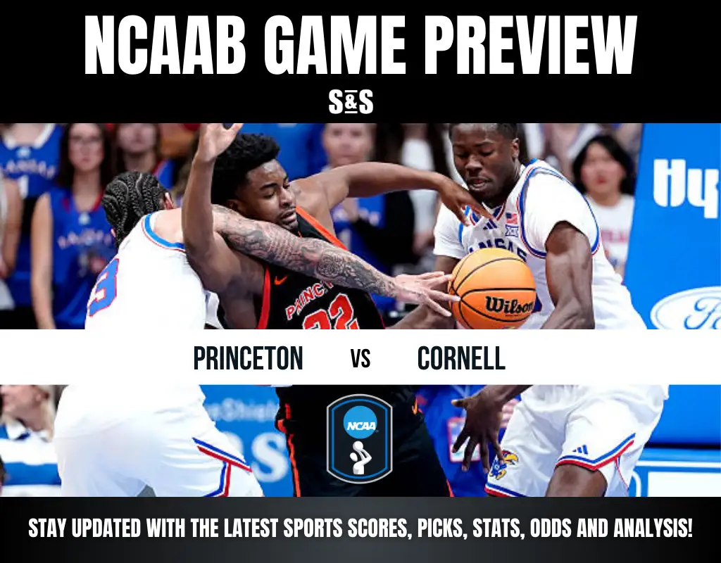 NCAAB game preview between Princeton and Cornell, featuring players in action on the court and a basketball in play.