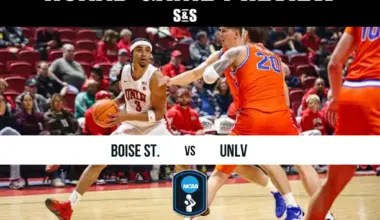 Basketball players from Boise State and UNLV compete on the court, with fans in the stands. NCAA game preview featured above.