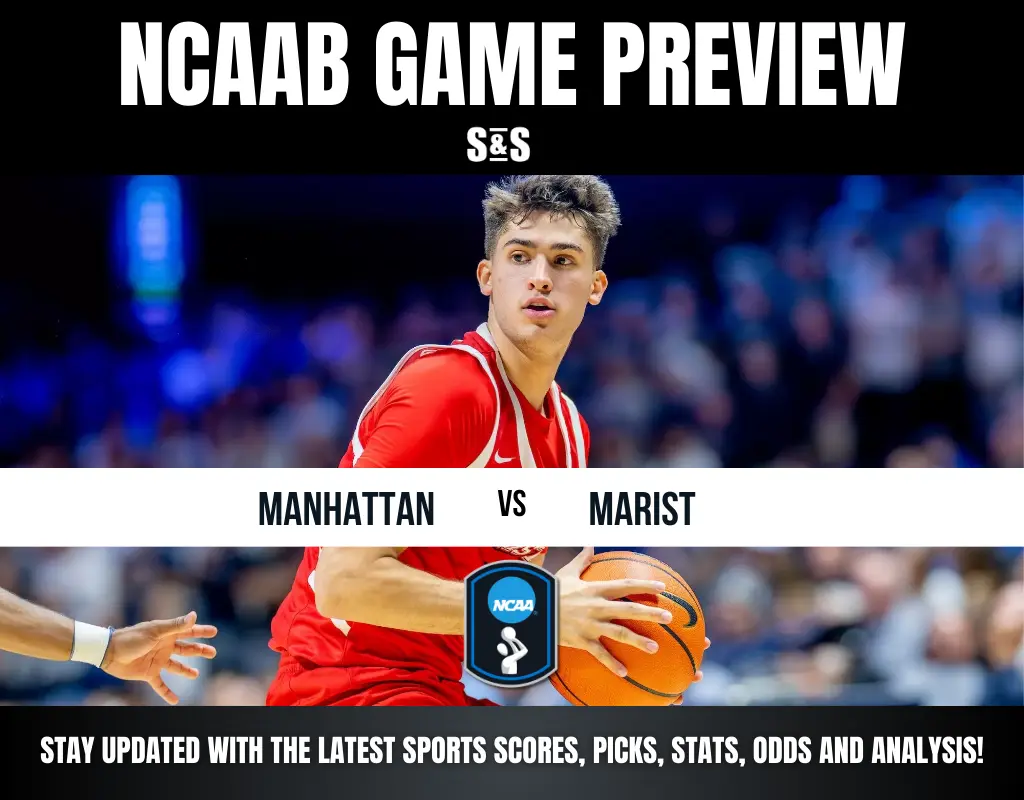 NCAA basketball game preview featuring a player dribbling a ball, with the matchup between Manhattan and Marist highlighted.