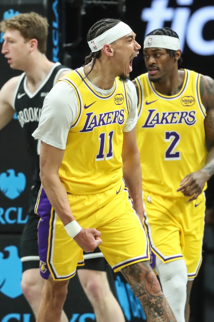 Los Angeles Lakers center Jaxson Hayes (11) celebrates during a game against the Brooklyn Nets.