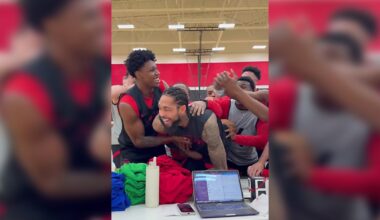 Toronto Raptors players swarm teammate celebrating surprise All-Star roster addition