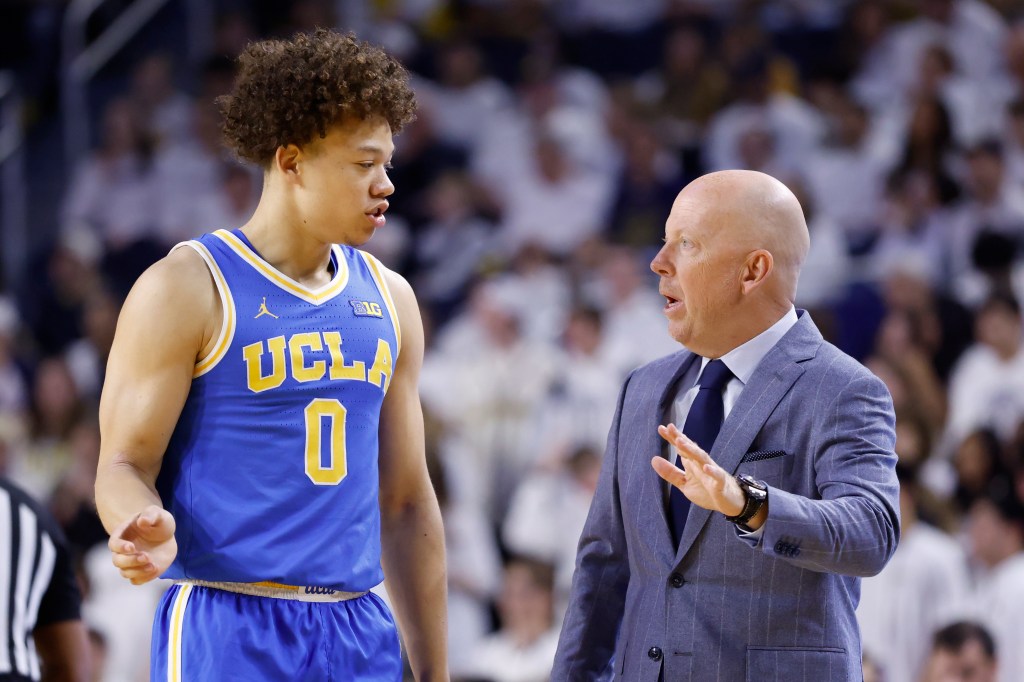 UCLA coach Mick Cronin and guard Trent Perry
