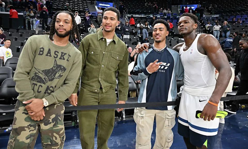 (From left) Darius Garland, C.J. Stroud, Bryce Young and Anthony Edwards pose for a photo following a basketball game between the Los Angeles Clippers and the Minnesota Timberwolves at Intuit Dome on February 26, 2026 in Inglewood, California. (Allen Berezovsky/Getty Images)