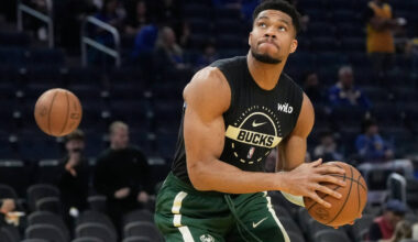 FILE - Milwaukee Bucks forward Giannis Antetokounmpo warms up before an NBA basketball game aga ...