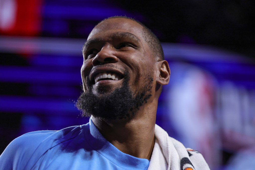 Kevin Durant smiling at the 75th NBA All-Star Game.