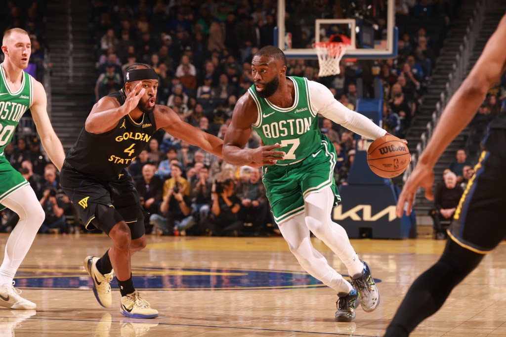 Jaylen Brown #7 of the Boston Celtics dribbles the ball during the game against the Golden State Warriors on February 19, 2026 at Chase Center in San Francisco, California.
