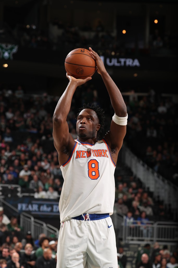 OG Anunoby #8 of the New York Knicks shoots a free throw during the game against the Milwaukee Bucks on February 27, 2026 at Fiserv Forum Center in Milwaukee, Wisconsin.