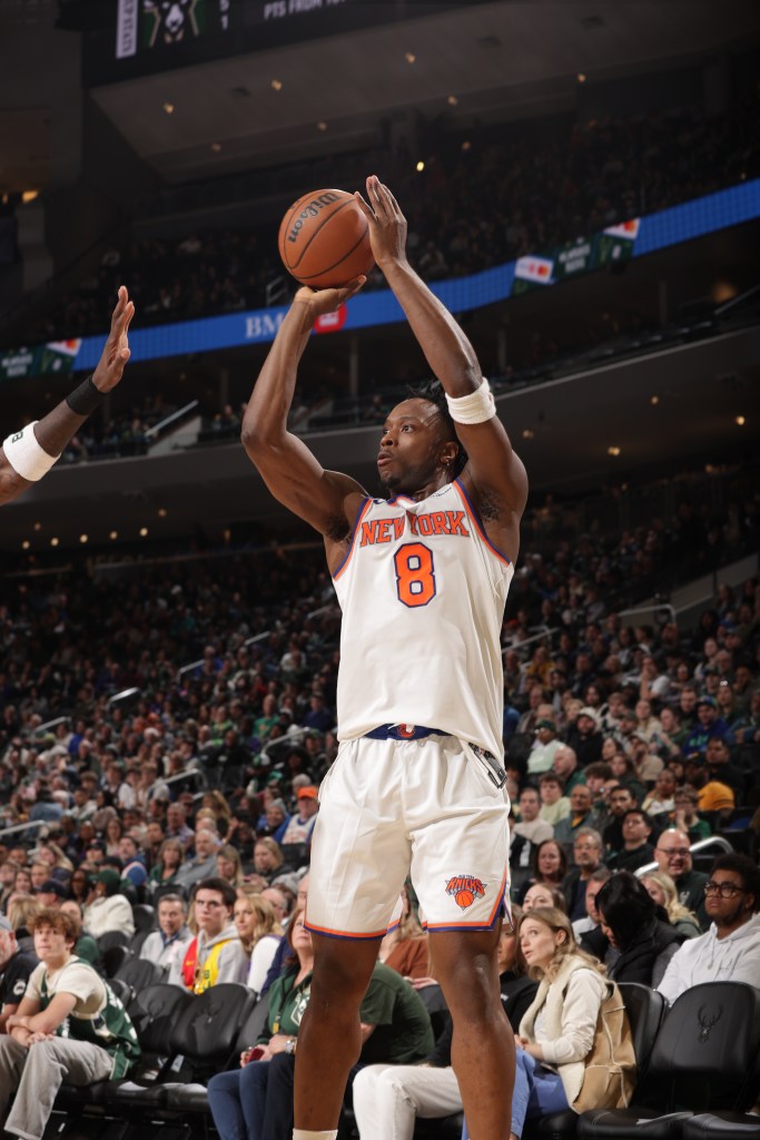 OG Anunoby #8 of the New York Knicks shoots a three point basket against the Milwaukee Bucks on February 27, 2026