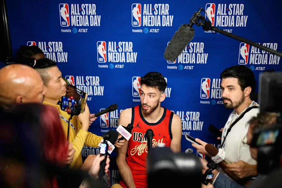 Feb 14, 2026; Inglewood, California, USA; Chet Holmgren speaks during interviews at media day at Intuit Dome. Mandatory Credit: William Liang-Imagn Images