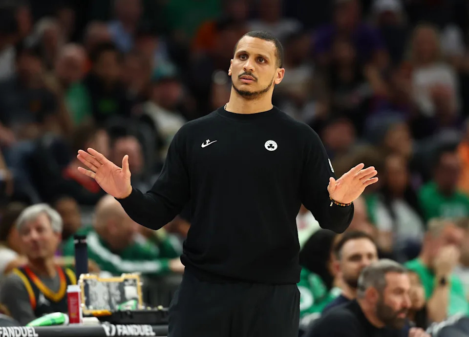 Feb 24, 2026; Phoenix, Arizona, USA; Boston Celtics head coach Joe Mazzulla reacts against the Phoenix Suns in the second half at Mortgage Matchup Center. Mandatory Credit: Mark J. Rebilas-Imagn Images