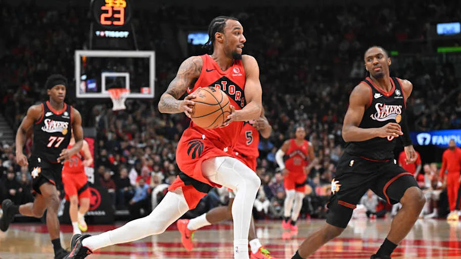 Toronto Raptors guard AJ Lawson drives to the basket against Philadelphia 76ers guard Tyrese Maxey
