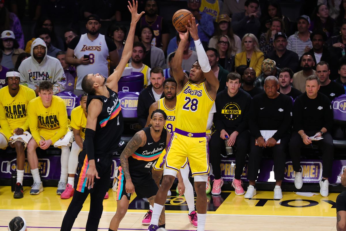 Los Angeles Lakers forward Rui Hachimura (28) shoots the basketball during an NBA game against the San Antonio Spurs on February 10, 2026 in Los Angeles, CA.