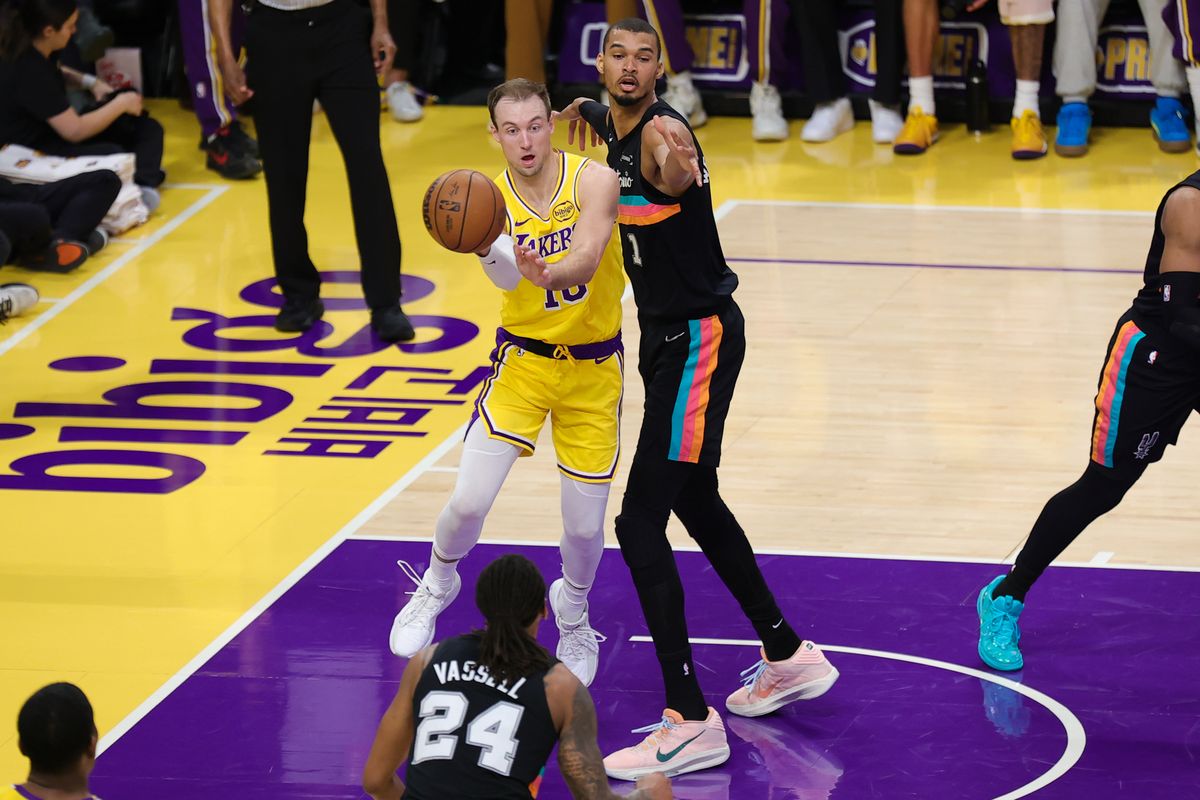 Los Angeles Lakers guard Luke Kennard (10) passes the basketball during an NBA game against the San Antonio Spurs on February 10, 2026 in Los Angeles, CA.