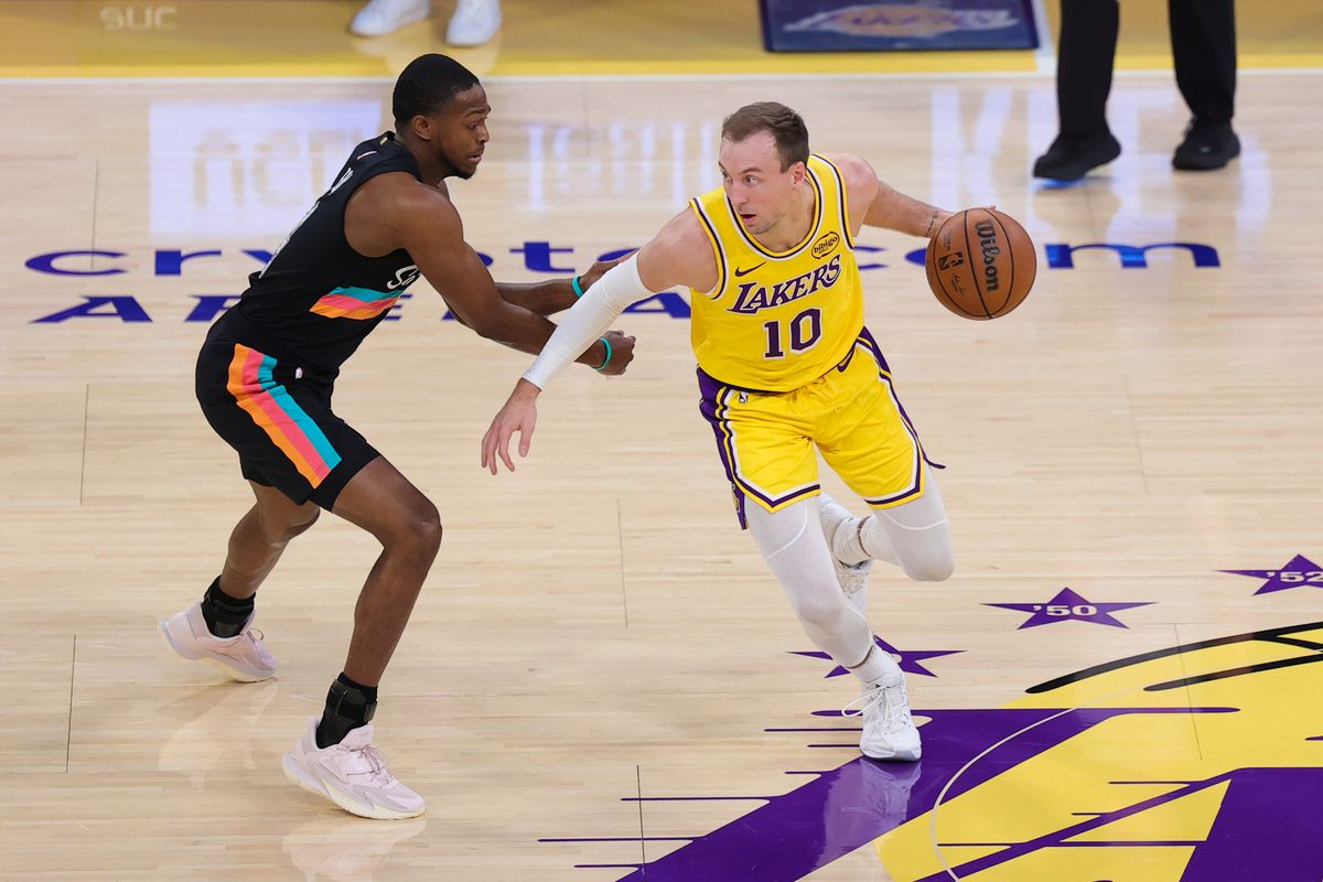 Los Angeles Lakers guard Luke Kennard (10) dribbles the basketball during an NBA game against the San Antonio Spurs on February 10, 2026 in Los Angeles, CA.