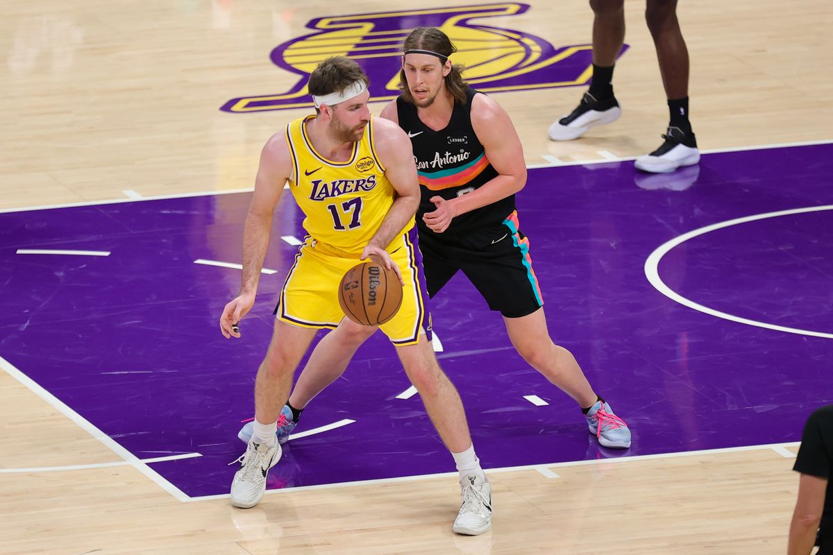Los Angeles Lakers center Drew Timme (17) dribbles the basketball during an NBA game against the San Antonio Spurs on February 10, 2026 in Los Angeles, CA.
