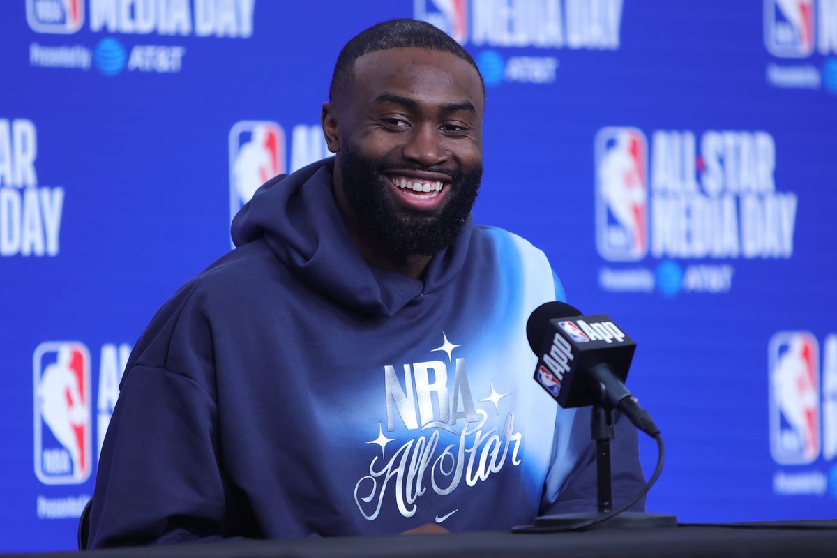 Boston Celtics guard Jaylen Brown (7) talks to the press during media availability at NBA All Star Media Day on February 14, 2026 in Inglewood, CA.