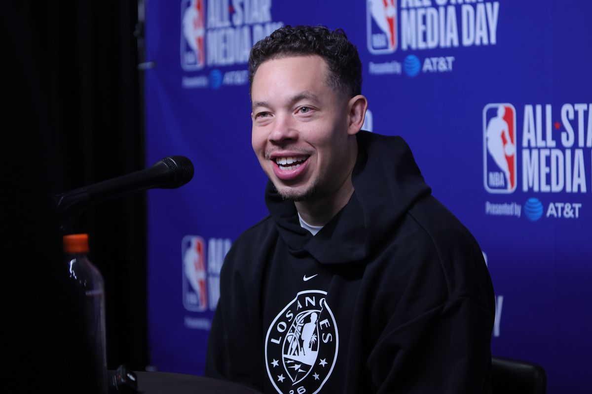 San Antonio Spurs head coach Mitch Johnson talks to the press during media availability at NBA All Star Media Day on February 14, 2026 in Inglewood, CA.