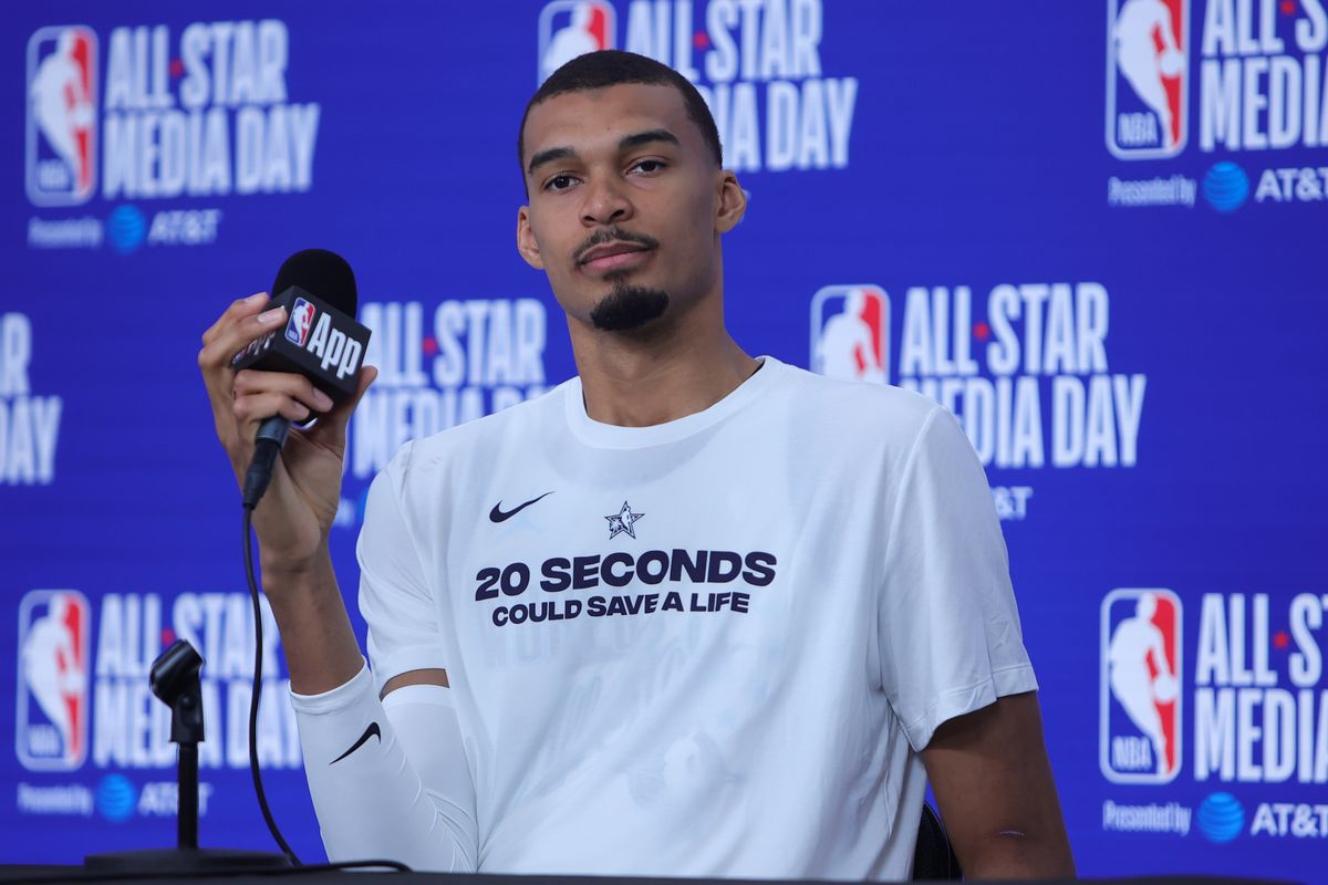 San Antonio Spurs center Victor Wembanyama (1) talks to the press during media availability at NBA All Star Media Day on February 14, 2026 in Inglewood, CA.