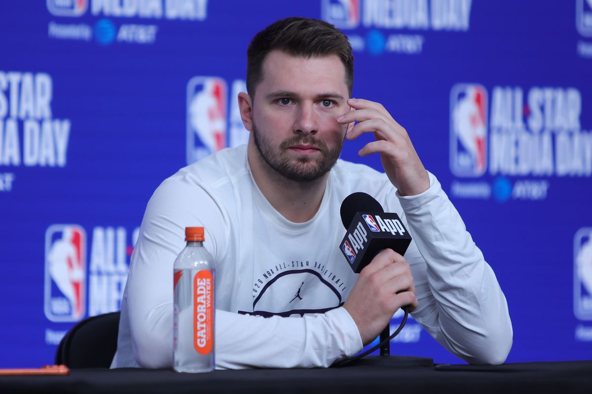 Los Angeles Lakers guard Luka Doncic (77) talks to the press during media availability at NBA All Star Media Day on February 14, 2026 in Inglewood, CA.